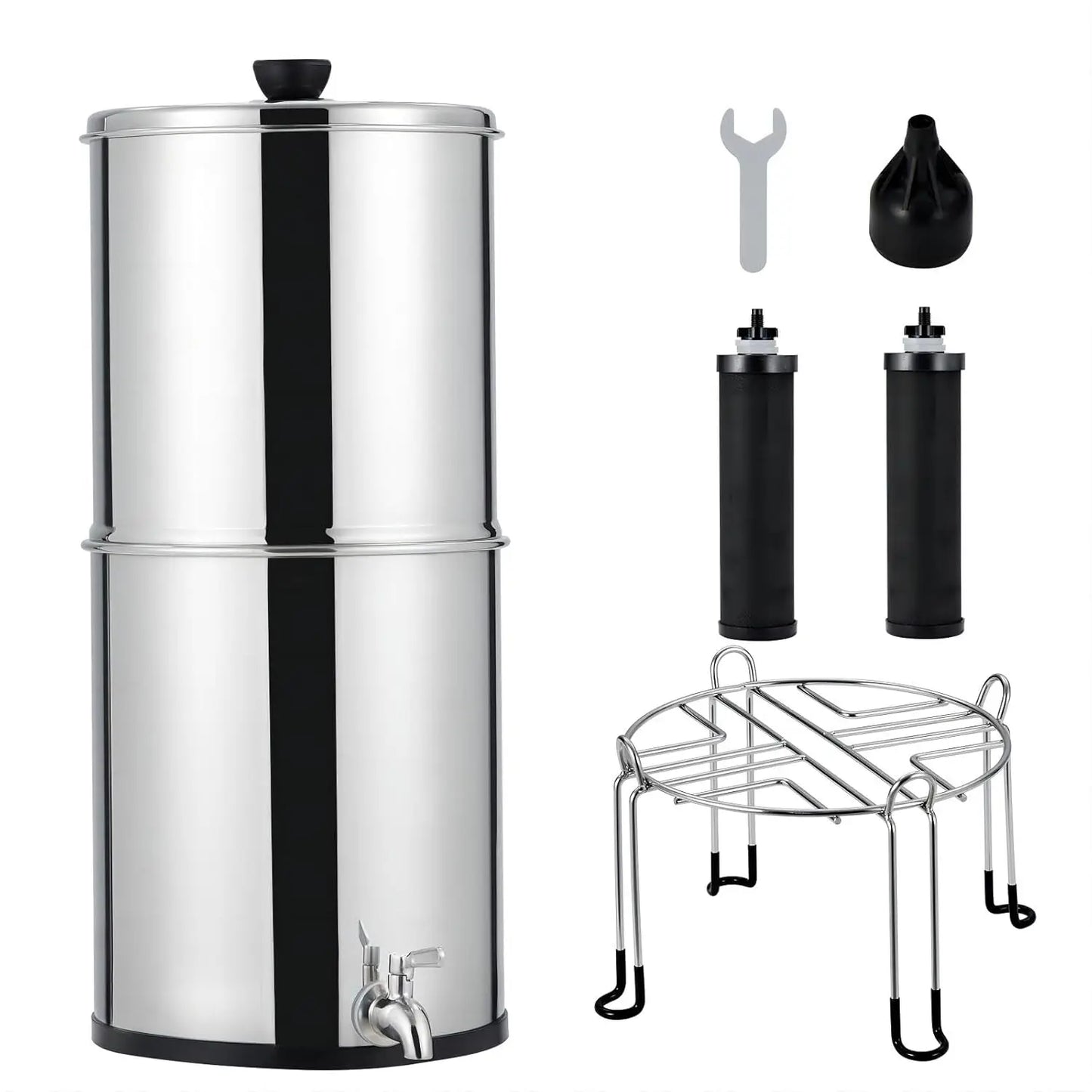 2.25G Capacity Stainless Steel Gravity Fed Water Filter System With 2 Black Carbon Filters & Water Level Spigot & Stand Basic