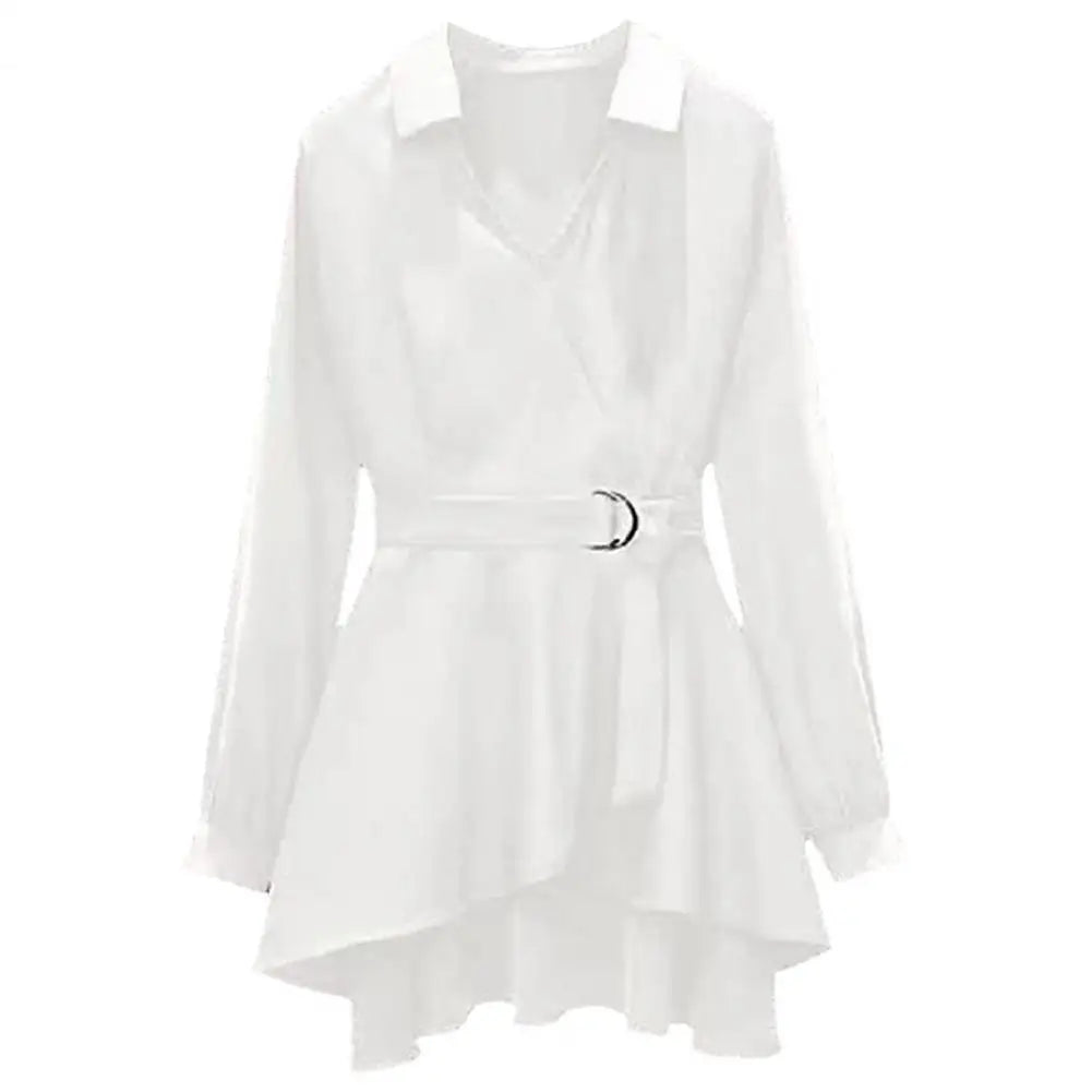 Classic Autumn Shirt V Neck Soft Casual Shirt Elegant Waist Tight Tunic Shirt Jumper