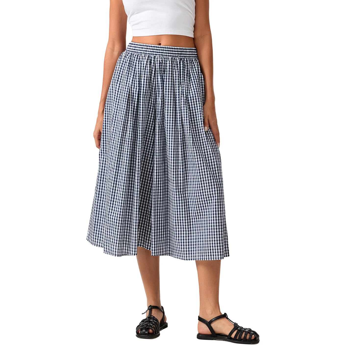 Womens Plaid Capri Culottes Elastic Waistband Wide Leg Loose Side Pocket Casual Pull On Trousers
