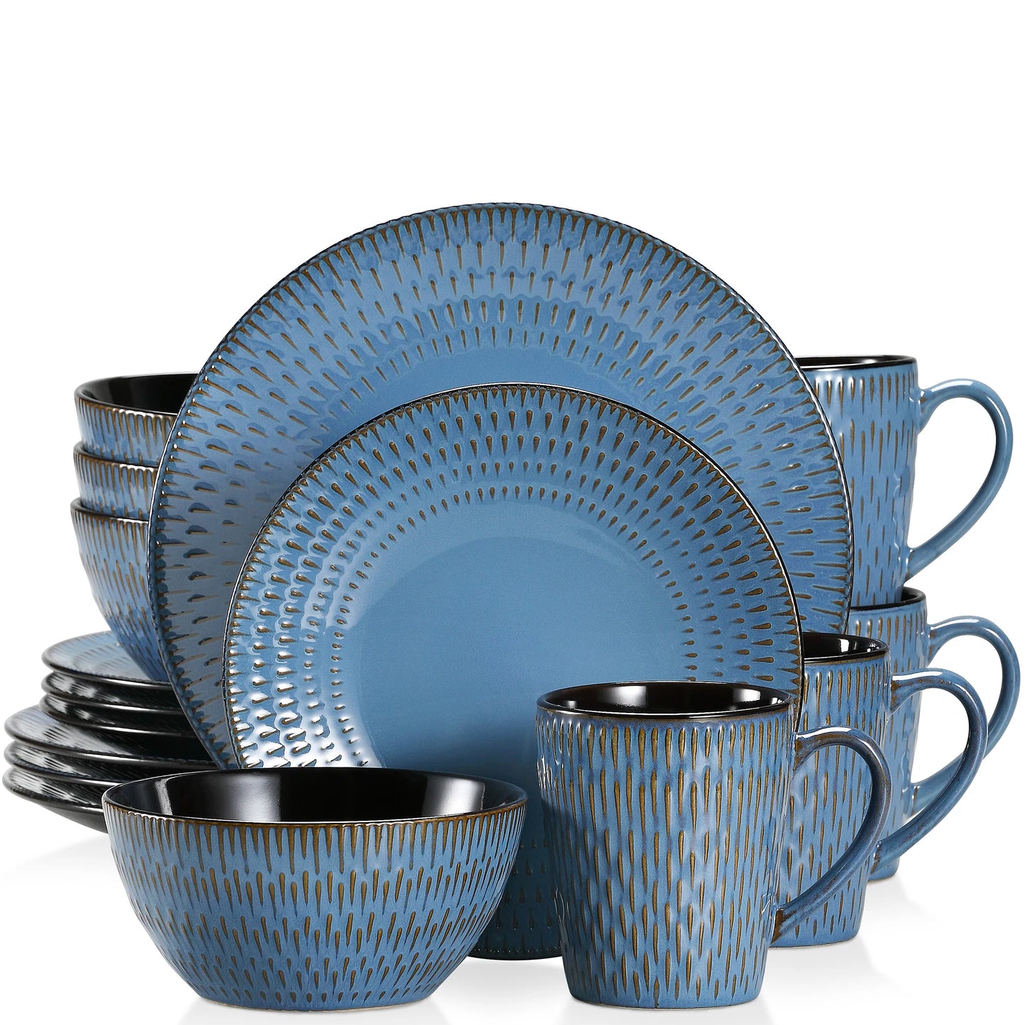 VANCASSO PLUVO 16/32/48 Piece Blue Embossed Stoneware Tableware Set with Dinner/Dessert Plate/Soup Bowl/Mug Service for 4/8/12