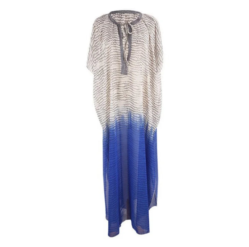 Chiffon Print Deep V-Neck Loose Beach Wear for Women Summer Sexy Holiday Sunscreen Shirt Bikini Cover Up
