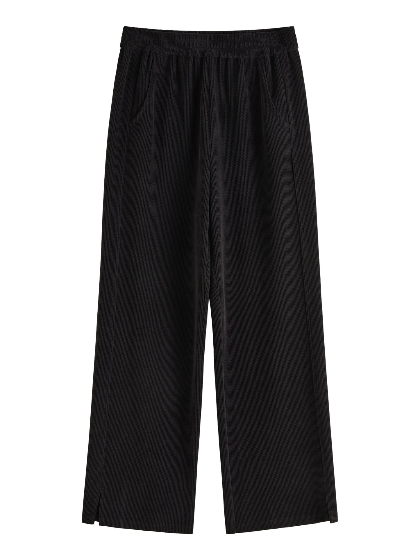 DUSHU【2 Colors】Women Thick Trousers 2024 Winter Beige Elastic Waist Full Length Trousers Black Commuter Pant 24DS84528+24DS84429