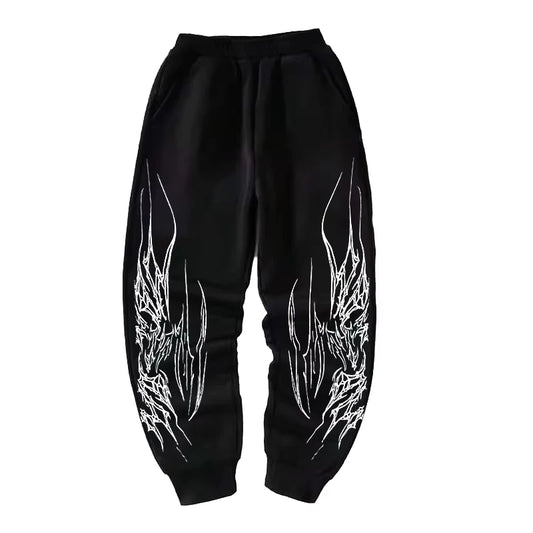 New Men's Cotton Lint Trousers Line Printing Black Sweatpants Fitness Outdoor Jogging Drawstring Pocket Women's Casual Trousers