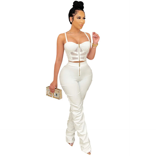 Women's Suspender Vest and Trousers Set  Sexy Chest Wrapped  Monochromatic  2-Piece
