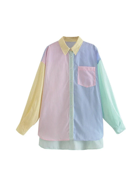 Sweet Woman Loose Colorful Stripe Shirts 2022 Spring Casual Oversized Patchwork Buttoon Tops Girls Sweety Shirt