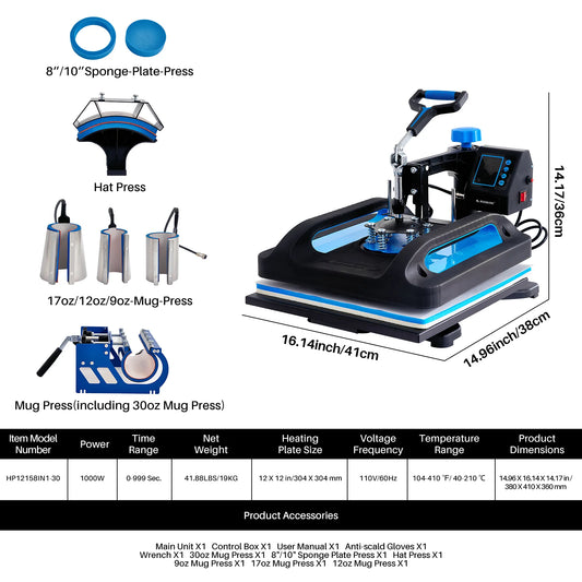 ROOMARK 8 in 1 Heat Press Machine  15x15 Digital Heat Transfer 360° Rotation Multifunction Sublimation for T-Shirt Hat Mug Plate