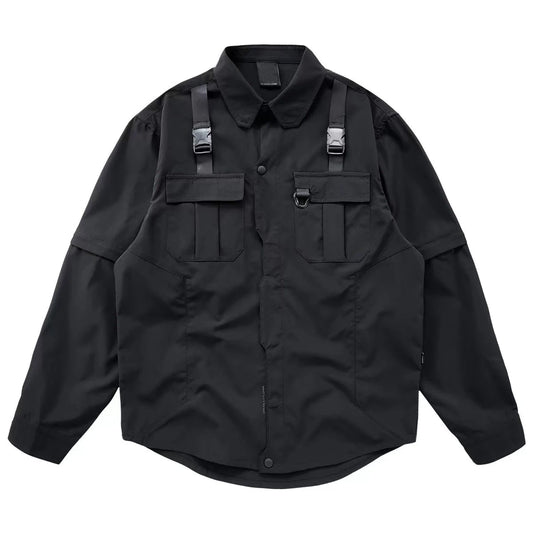 Street Apparel Harajuku Shirt Techwear Plus Size Hip Hop Shirt Pocket Black Button Shirt Spring and Autumn Button Shirt