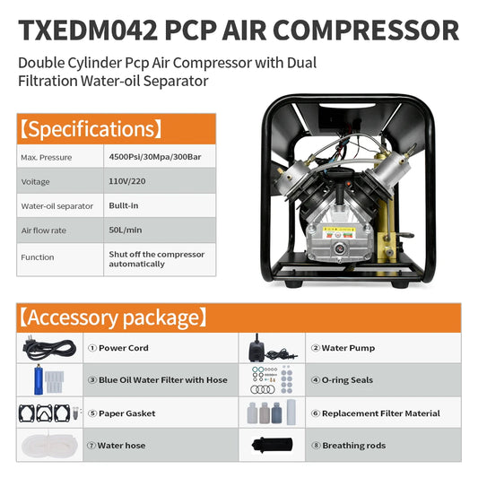 TUXING TXEDM042 300Bar 4500Psi High Pressure Compressor PCP Air Compressor Built-in Double Filter for PCP 6.8L Diving Scuba Tank
