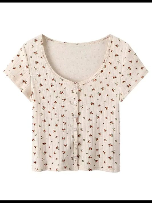 PUWD Slim Girls Flower Print Cotton Knitted Shirts 2022 Summer Fashoin Ladies Vintage Soft Button Shirt Sweet Women Chic Tops