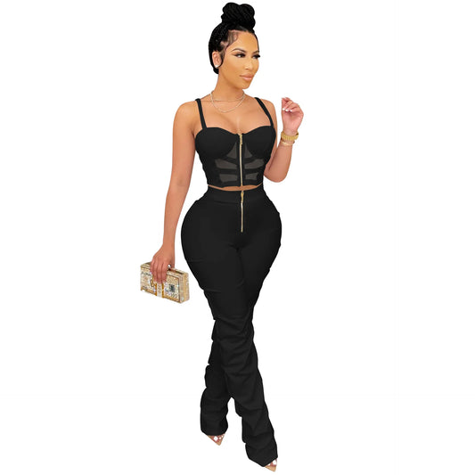 Women's Suspender Vest and Trousers Set  Sexy Chest Wrapped  Monochromatic  2-Piece