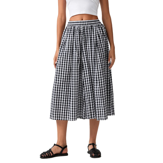 Womens Plaid Capri Culottes Elastic Waistband Wide Leg Loose Side Pocket Casual Pull On Trousers