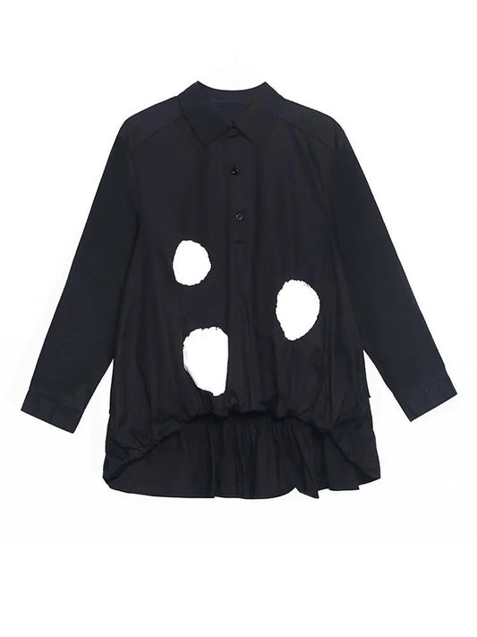 [EAM] Women Black Color-block Dot Big Size Blouse New Lapel Long Sleeve Large Hem Shirt Fashion Tide Spring Autumn 2025 1DH4274