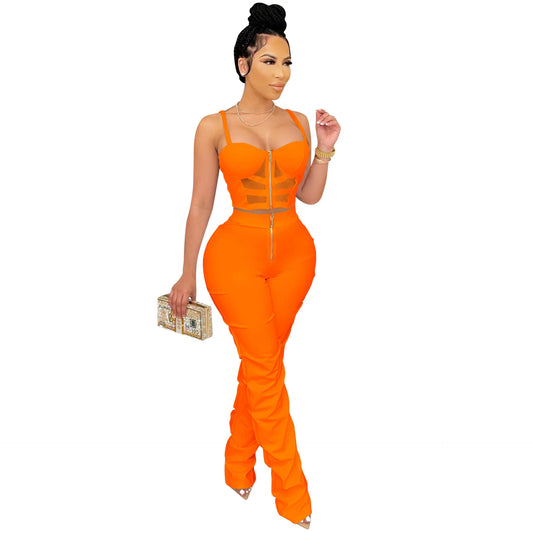 Women's Suspender Vest and Trousers Set  Sexy Chest Wrapped  Monochromatic  2-Piece