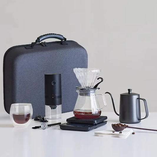 travel coffee accessories set including pu bags manual grinding cups filter cups and other outdoor coffeeware