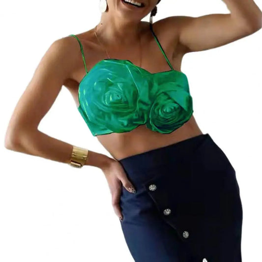 Elegant Women Crop Top Three-dimensional Rose Flower Sling Stretchy Skinny Solid Summer Floral Suspenders Camisole for Club