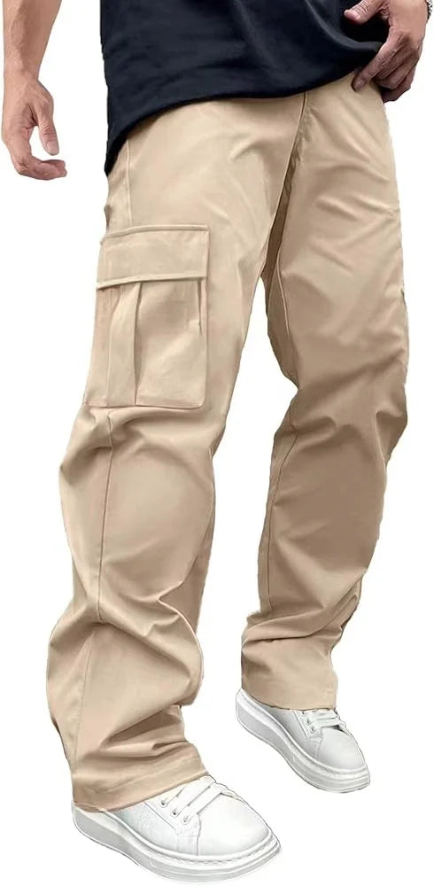 Woven fabric new hot selling solid color casual stock ordinary Men's casual loose straight tube workwear drawstring multi pocket