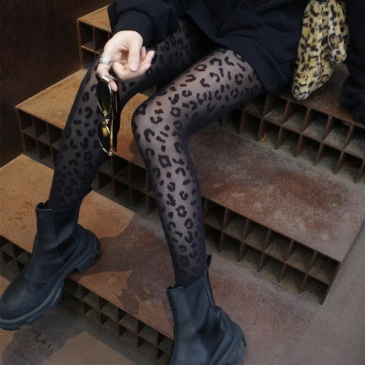 Women Sexy Thin Transparent Silky Pantyhose Gothic Black Sexy Vintage Leopard Animal Pattern Sheer Tights Seamless Stockings