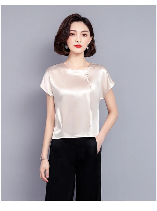 Workplace commuter fan new heavy solid color silk shirt T-shirt women