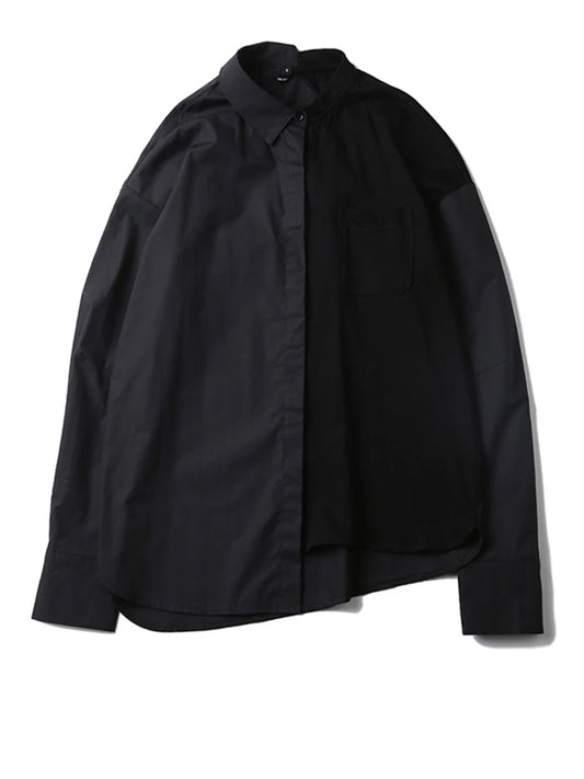 [EAM] Women Black Color-block Vintage Big Size Blouse New Lapel Long Sleeve Loose Fit Shirt Fashion Spring Autumn 2025 JH418