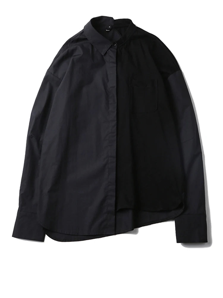 [EAM] Women Black Color-block Vintage Big Size Blouse New Lapel Long Sleeve Loose Fit Shirt Fashion Spring Autumn 2025 JH418
