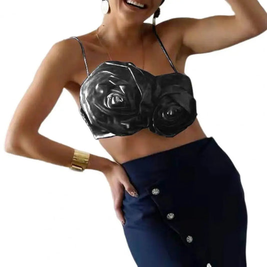 Elegant Women Crop Top Three-dimensional Rose Flower Sling Stretchy Skinny Solid Summer Floral Suspenders Camisole for Club