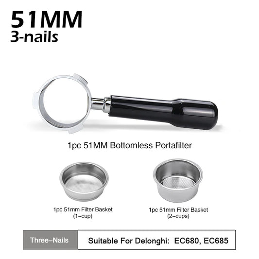 51mm coffee bottomless portafilter wood handle for delonghi dedica ec680 ec685 replacement filter basket barista accessories