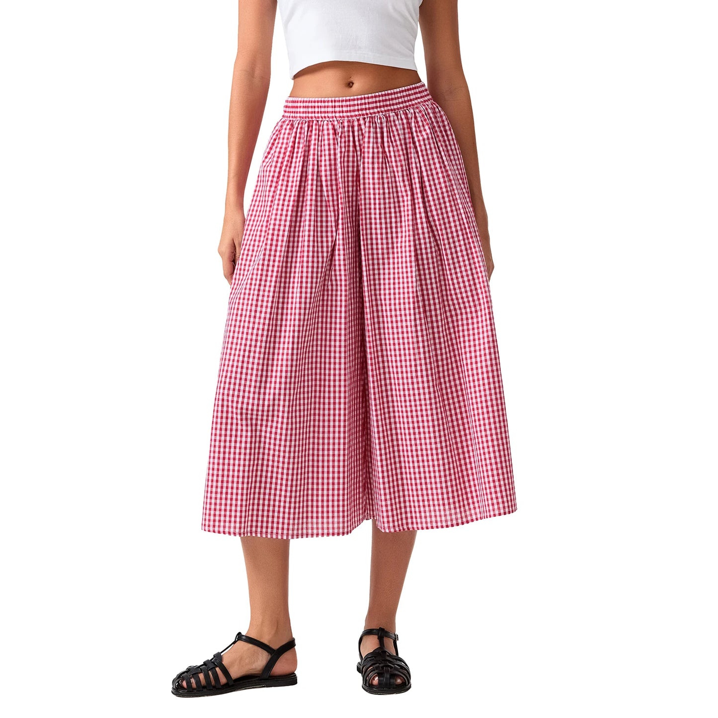 Womens Plaid Capri Culottes Elastic Waistband Wide Leg Loose Side Pocket Casual Pull On Trousers