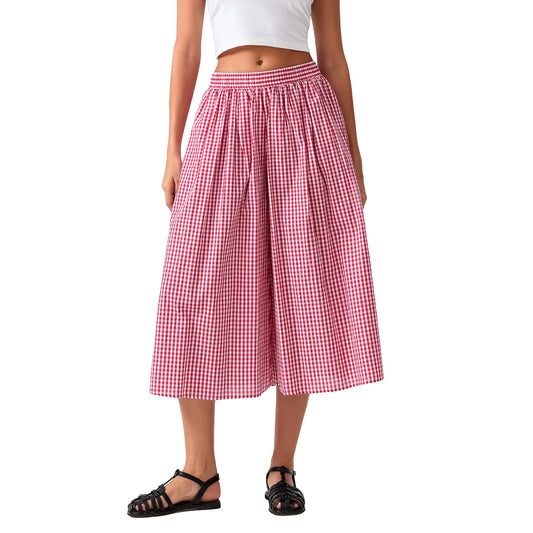 Womens Plaid Capri Culottes Elastic Waistband Wide Leg Loose Side Pocket Casual Pull On Trousers