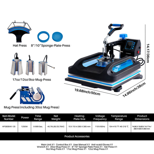 ROOMARK 8 in 1 Heat Press Machine  15x15 Digital Heat Transfer 360° Rotation Multifunction Sublimation for T-Shirt Hat Mug Plate