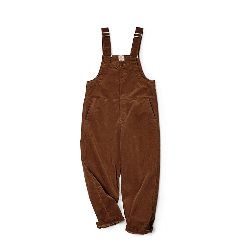 Maden Retro Corduroy Overalls Solid Color Loose with Pocket Adjustable Suspender Jumpsuit for Men's Spring and Autumn Trousers