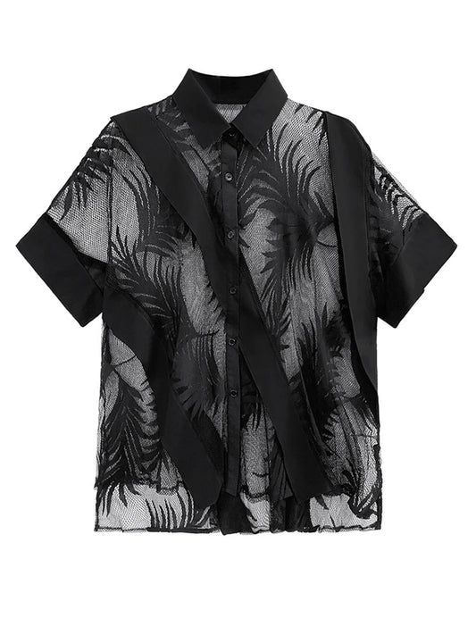 [EAM] Women Black Lace Perspective Big Size Blouse New Lapel Half Sleeve Loose Fit Shirt Fashion Tide Spring Summer 2025 1DF0053