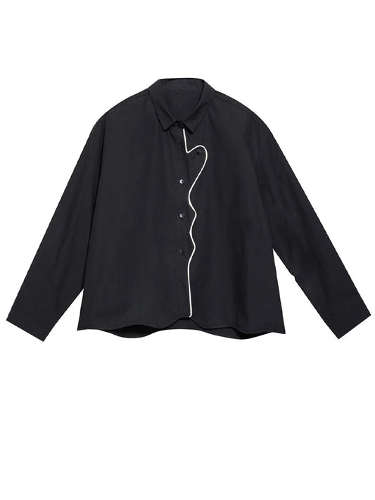[EAM] Women Black Color-block Big Size Blouse New Lapel Long Sleeve Loose Fit Shirt Fashion Tide Spring Autumn 2025 1DH0843