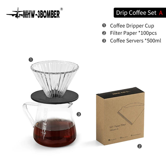mhw-3bomber drip coffee set 600ml pour over kettle gooseneck spout tea pot glass filter cup & paper coffee servers accessories