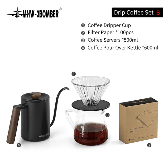 mhw-3bomber drip coffee set 600ml pour over kettle gooseneck spout tea pot glass filter cup & paper coffee servers accessories