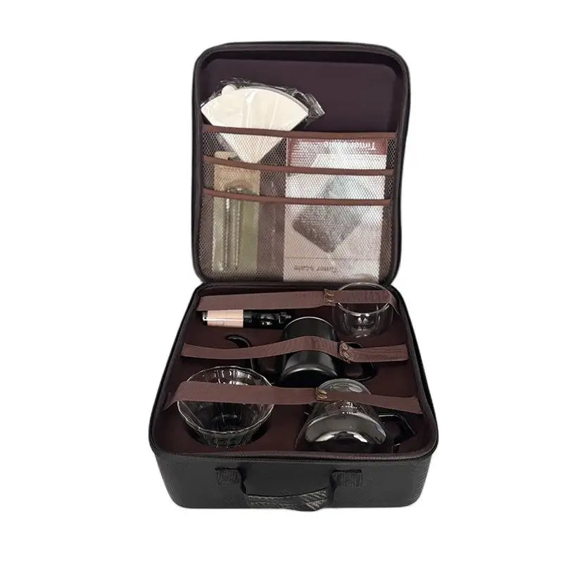 travel coffee accessories set including pu bags manual grinding cups filter cups and other outdoor coffeeware