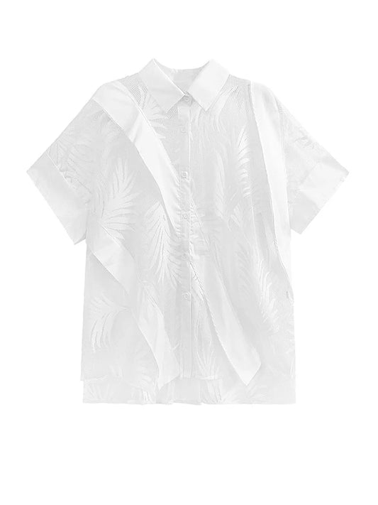 [EAM] Women Black Lace Perspective Big Size Blouse New Lapel Half Sleeve Loose Fit Shirt Fashion Tide Spring Summer 2025 1DF0053
