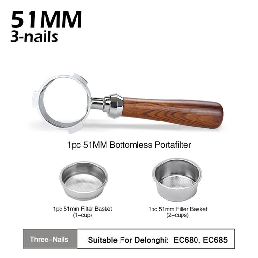 51mm coffee bottomless portafilter wood handle for delonghi dedica ec680 ec685 replacement filter basket barista accessories