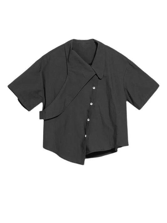 [EAM] Women Black Irregular Big Size Casual Blouse New Lapel Short Sleeve Loose Fit Shirt Fashion Spring Summer 2025 1DE8726