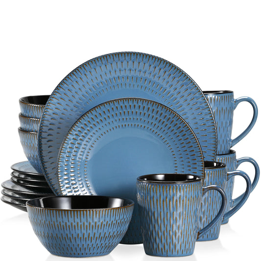 VANCASSO PLUVO 16/32/48 Piece Blue Embossed Stoneware Tableware Set with Dinner/Dessert Plate/Soup Bowl/Mug Service for 4/8/12