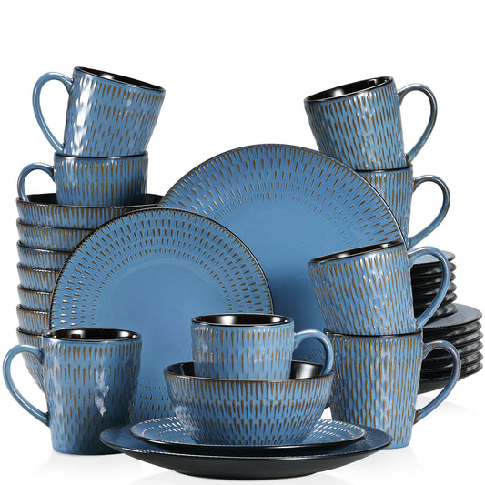 VANCASSO PLUVO 16/32/48 Piece Blue Embossed Stoneware Tableware Set with Dinner/Dessert Plate/Soup Bowl/Mug Service for 4/8/12