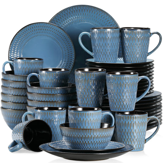 VANCASSO PLUVO 16/32/48 Piece Blue Embossed Stoneware Tableware Set with Dinner/Dessert Plate/Soup Bowl/Mug Service for 4/8/12